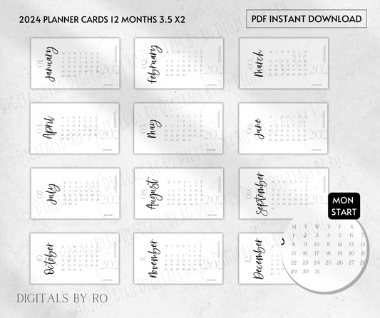 Gray 2024 Planner Cards (Full Year) Sun and Mon start