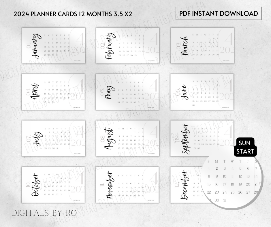 Gray 2024 Planner Cards (Full Year) Sun and Mon start