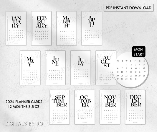 Minimal 2024 Planner Cards (Full Year) Sun and Mon start