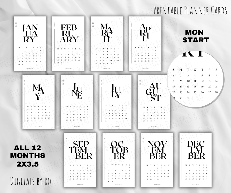 Minimal 2023 Planner Cards (Full Year) Sun and Mon start