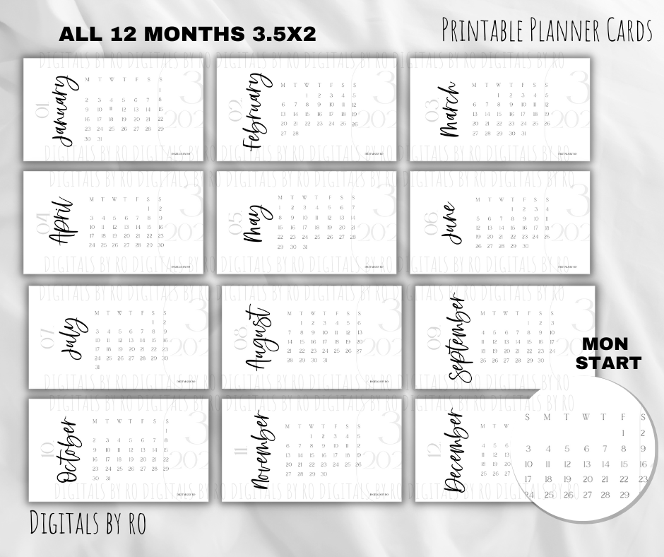 Gray 2023 Planner Cards (Full Year) Sun and Mon start